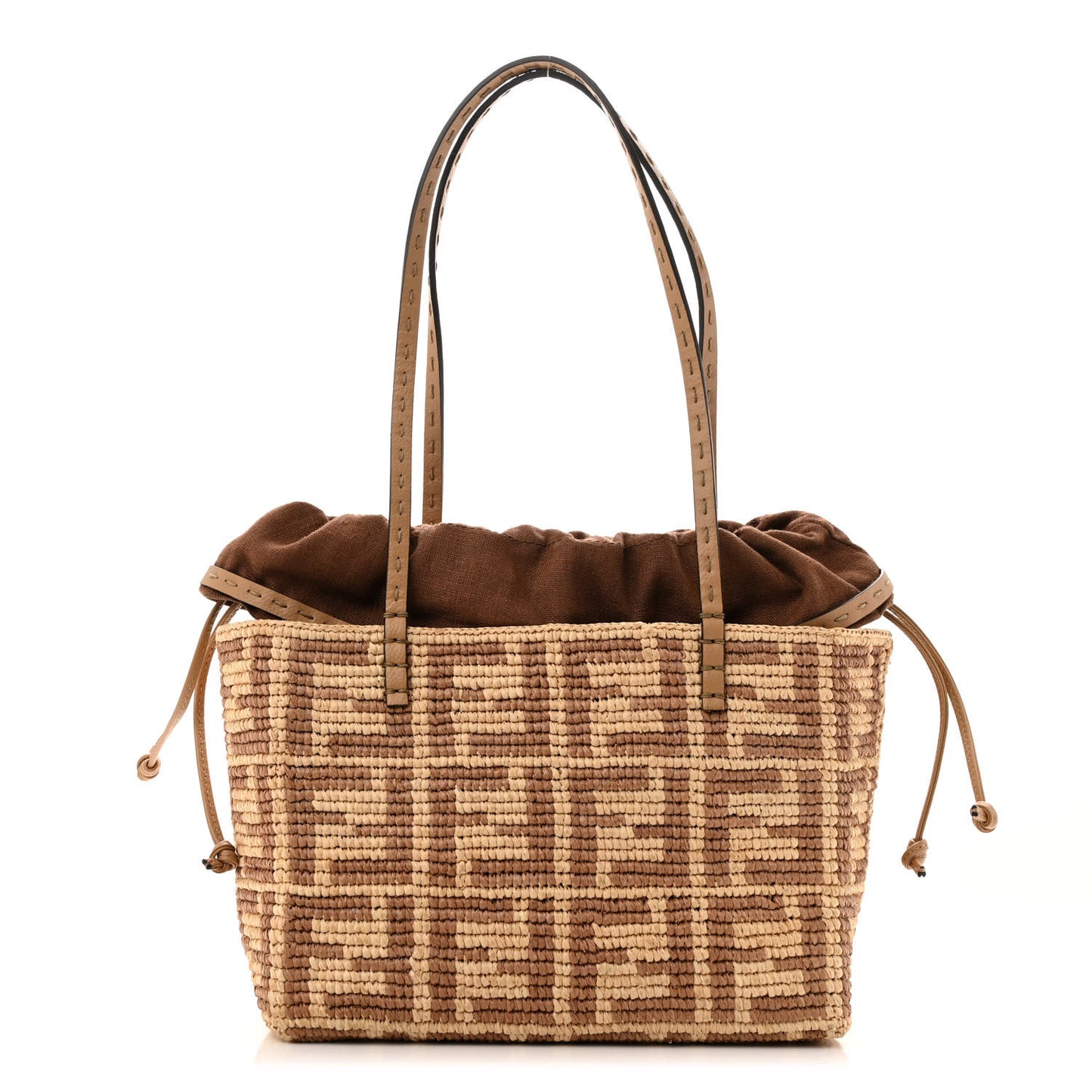 Raffia Cuoio Romano FF Crochet Small Roll Shopper Natural Dark Honey