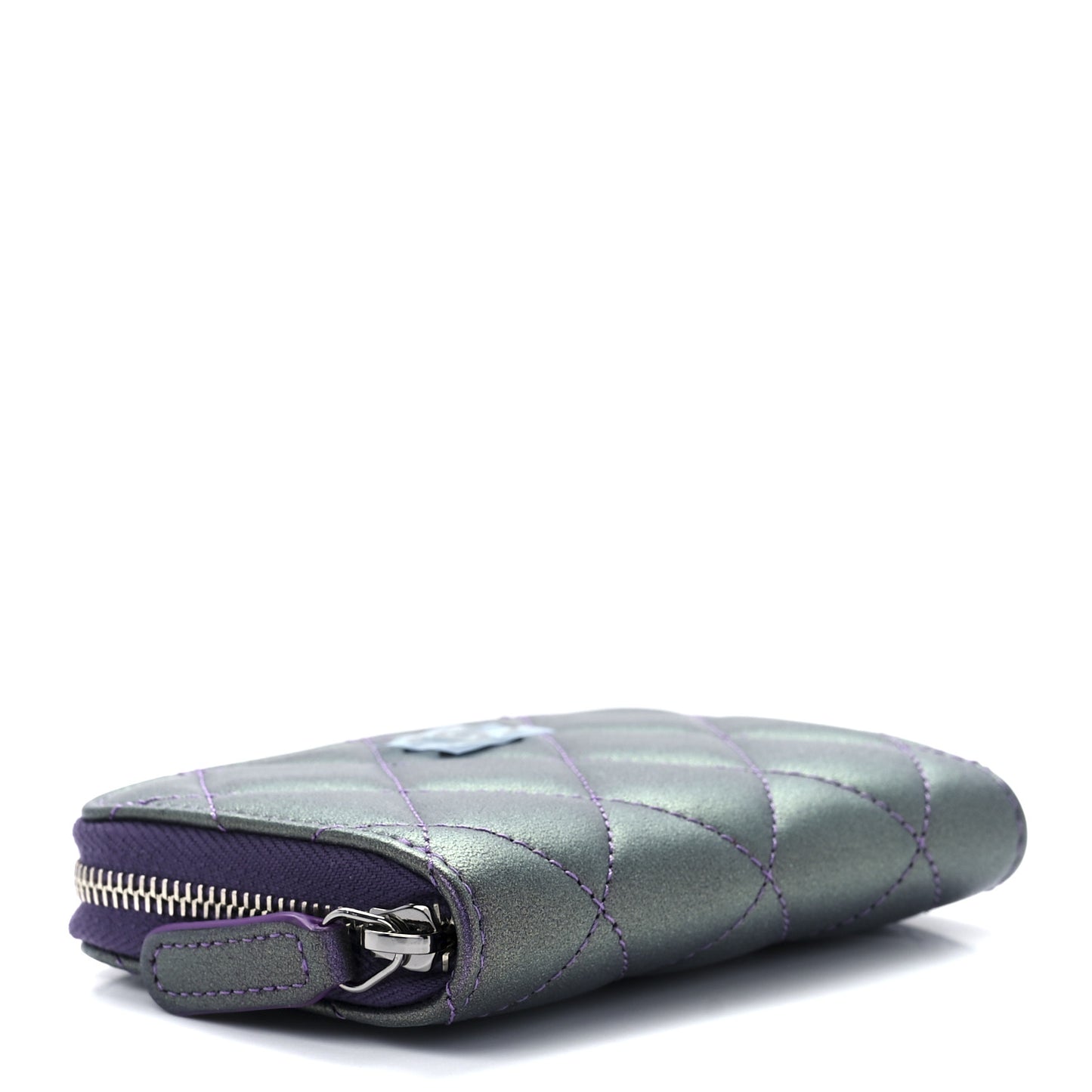 Metallic Lambskin Quilted Zip Around Coin Purse Wallet Dark Purple