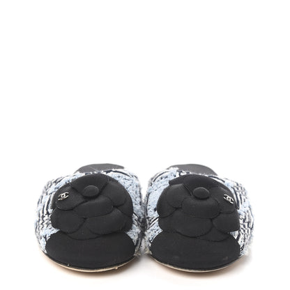 Chanel Tweed Grosgrain Camellia CC Flat Mules 35.5 Blue Silver Black 2 of 8