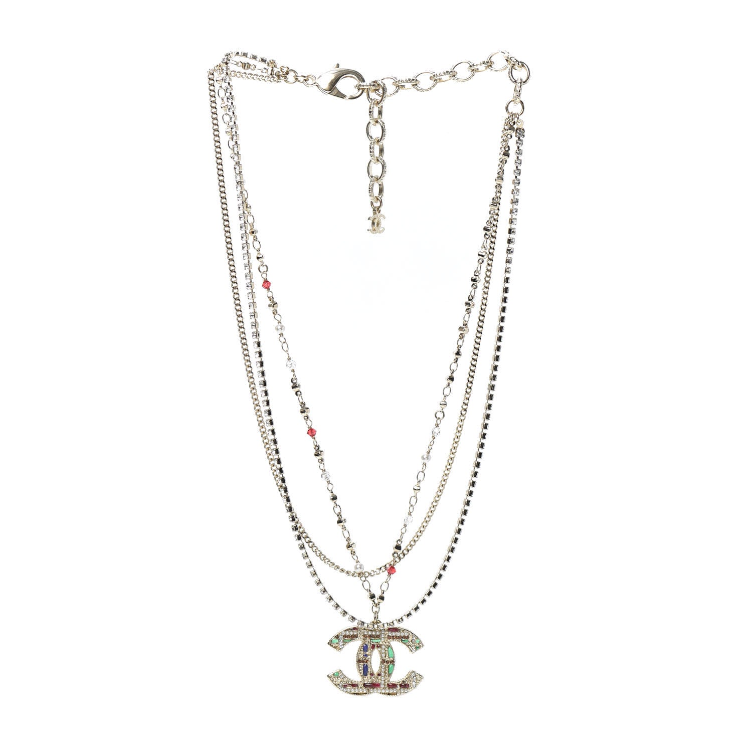 Chanel Pearl Large CC Pendant Necklace Gold Green Red 3 of 4