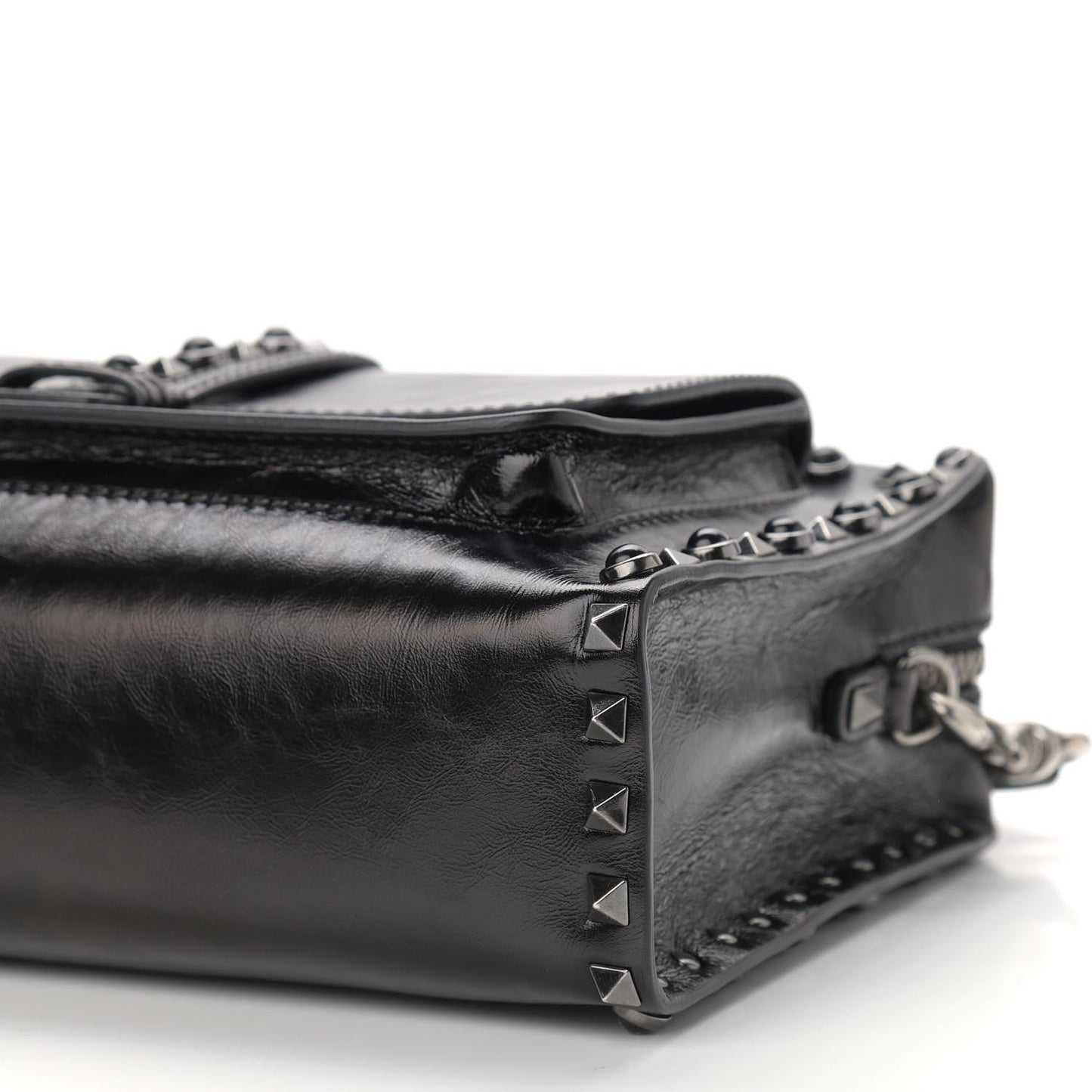 Craquele Calfskin Small Guitar Strap Rockstud Rolling Flap Pocket Shoulder Bag Black