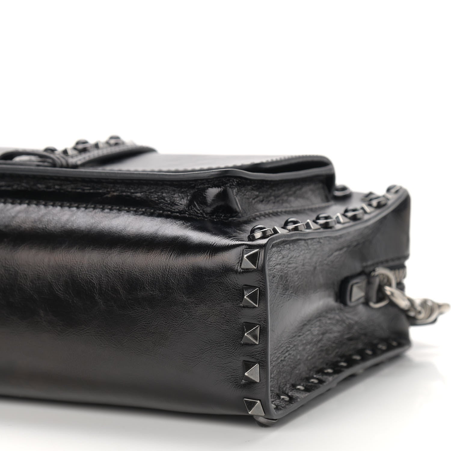 Valentino Garavani Craquele Calfskin Small Guitar Strap Rockstud Rolling Flap Pocket Shoulder Bag Black 9 of 11