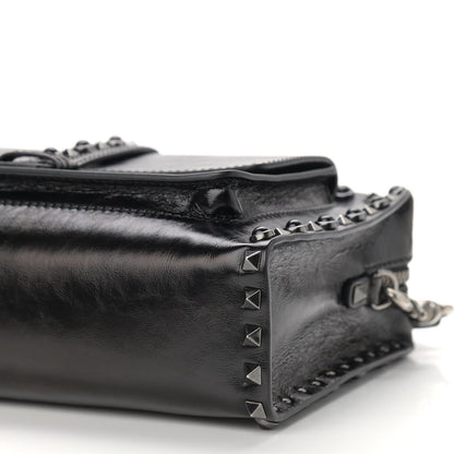Valentino Garavani Craquele Calfskin Small Guitar Strap Rockstud Rolling Flap Pocket Shoulder Bag Black 9 of 11