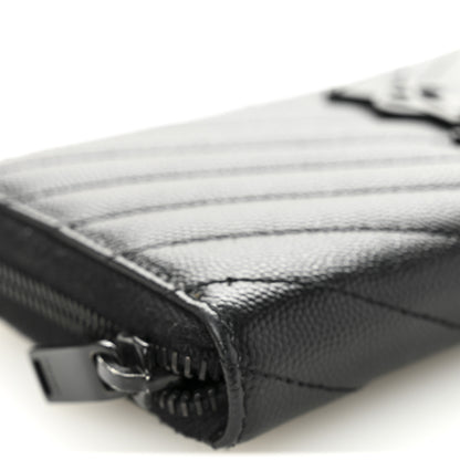 Saint Laurent Grain De Poudre Matelasse Chevron Monogram Monochrome Zip Around Wallet Black 7 of 9