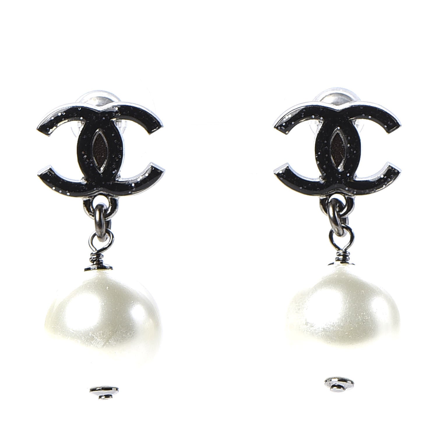 Chanel Glitter Pearl Enamel CC Drop Earrings Ruthenium Black 1 of 5