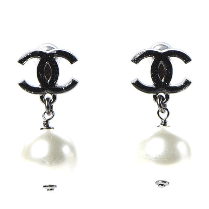 Chanel Glitter Pearl Enamel CC Drop Earrings Ruthenium Black 1 of 5