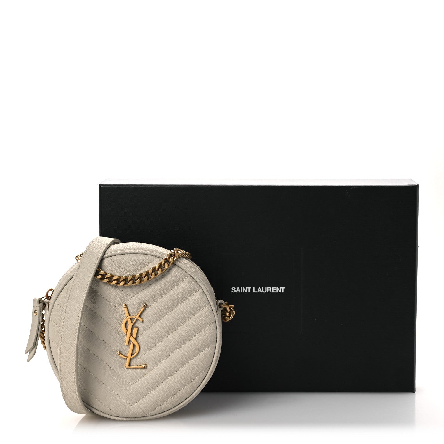 Saint Laurent Grain De Poudre Matelasse Chevron Quilted Round Vinyle Camera Bag Crema Soft 27 of 40