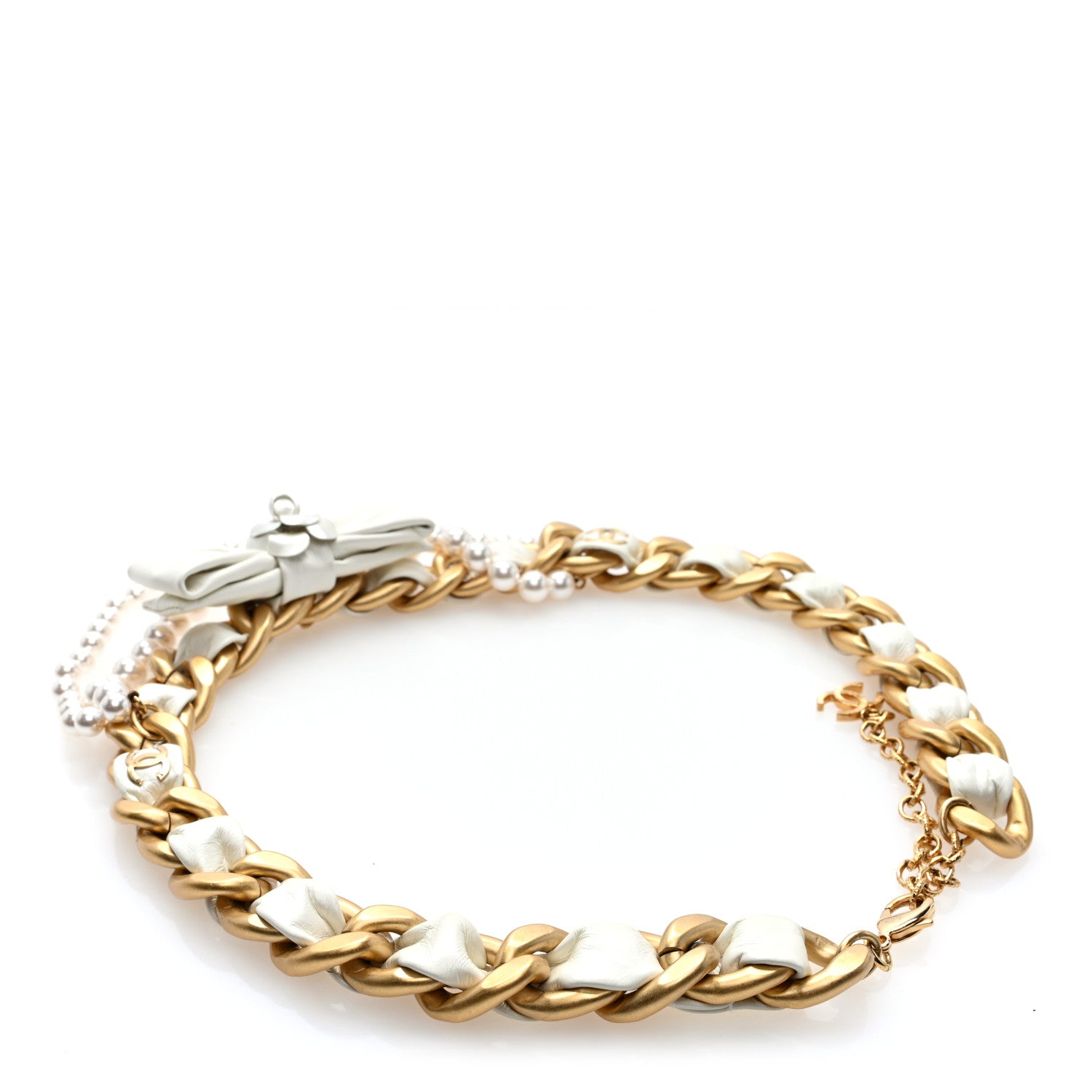 Chanel Calfskin Crystal Pearl Chain Camellia Belt White Gold 2 of 4