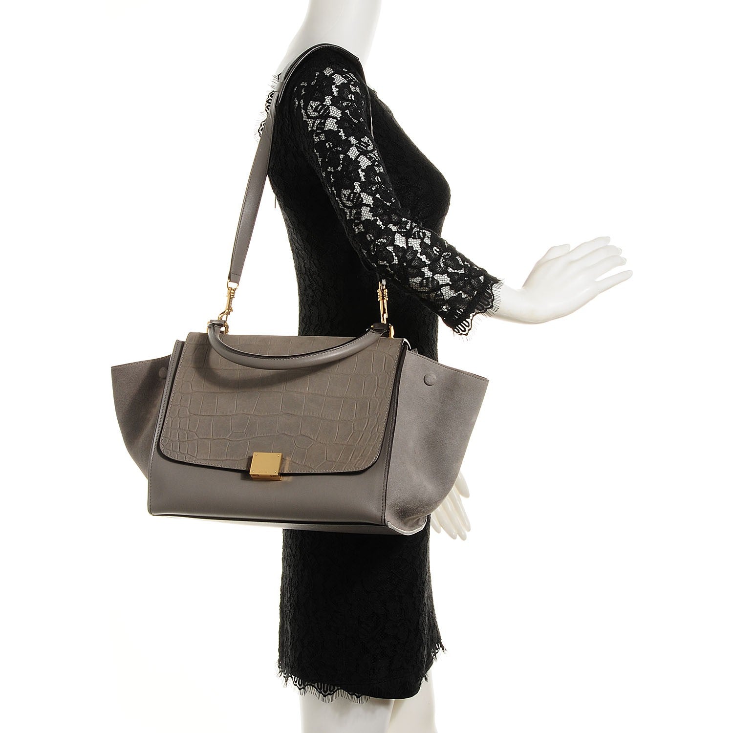 Celine Crocodile Embossed Nubuck Medium Trapeze Grey 2 of 9