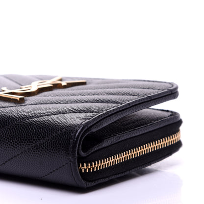 Saint Laurent Grain De Poudre Matelasse Chevron Monogram Compact Zip Around Wallet Black 9 of 9