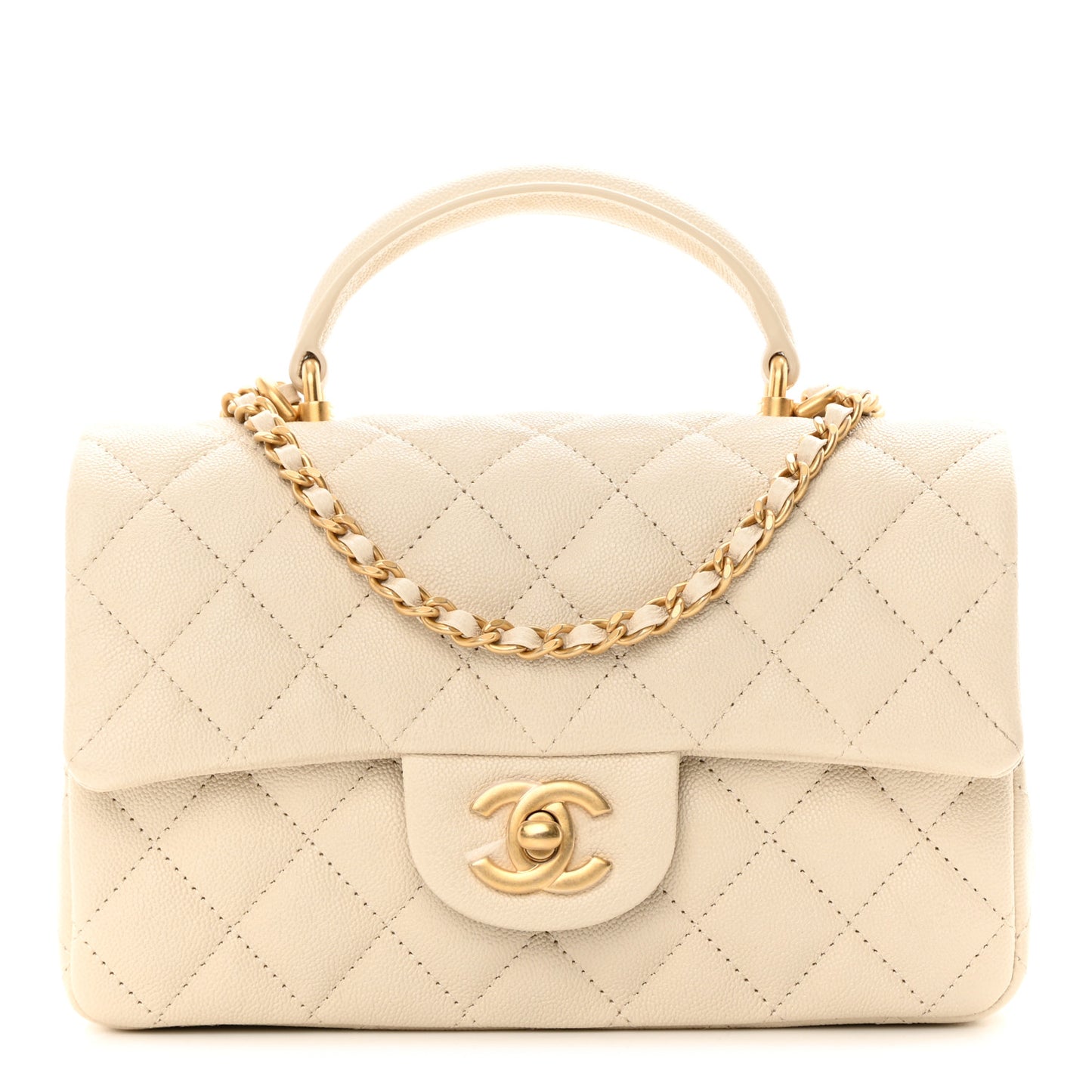 Caviar Quilted Mini Top Handle Rectangular Flap Beige