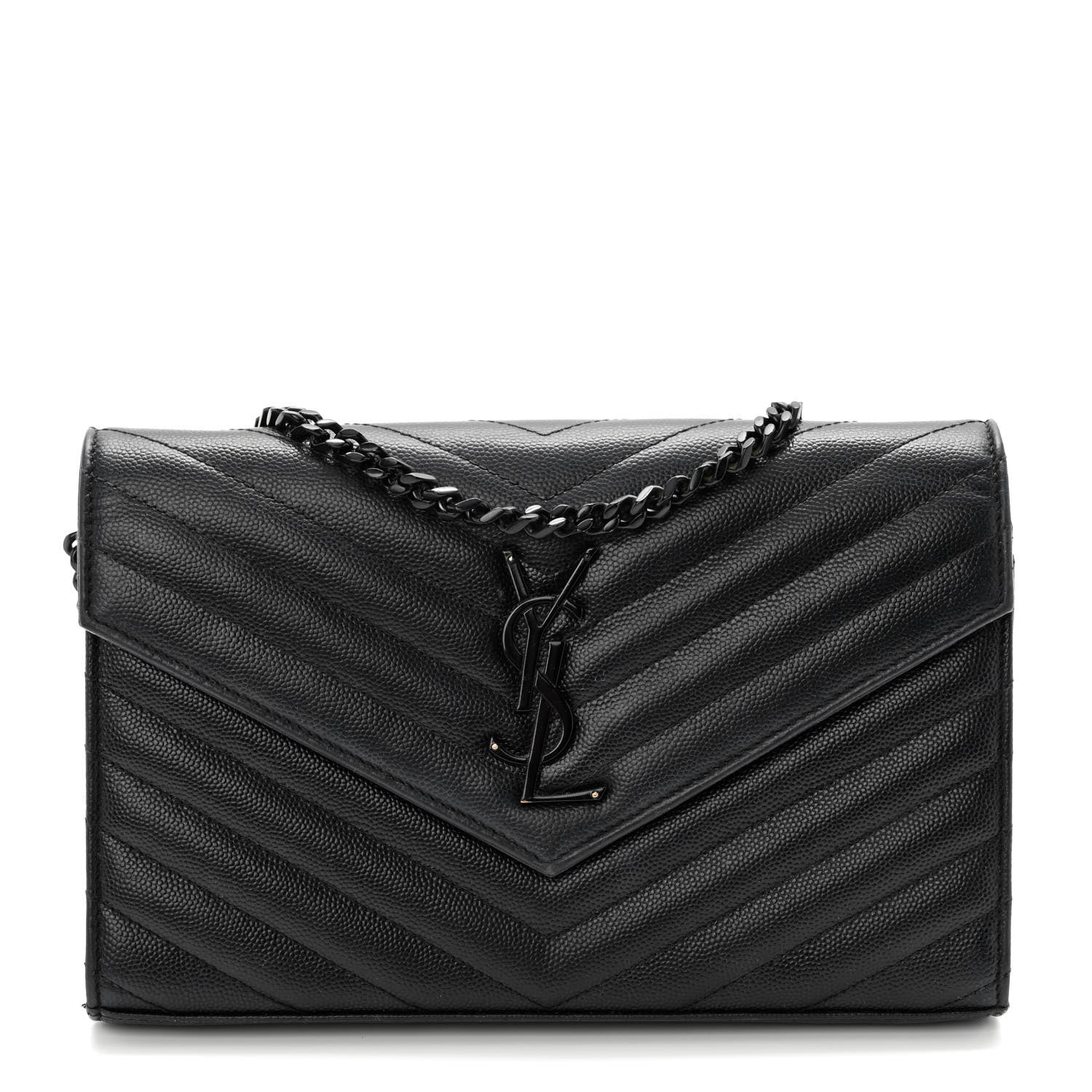 Saint Laurent Grain De Poudre Matelasse Chevron Monogram Monochrome Chain Wallet Black 1 of 13
