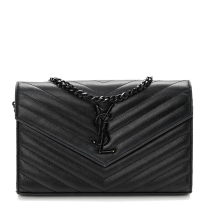 Saint Laurent Grain De Poudre Matelasse Chevron Monogram Monochrome Chain Wallet Black 1 of 13