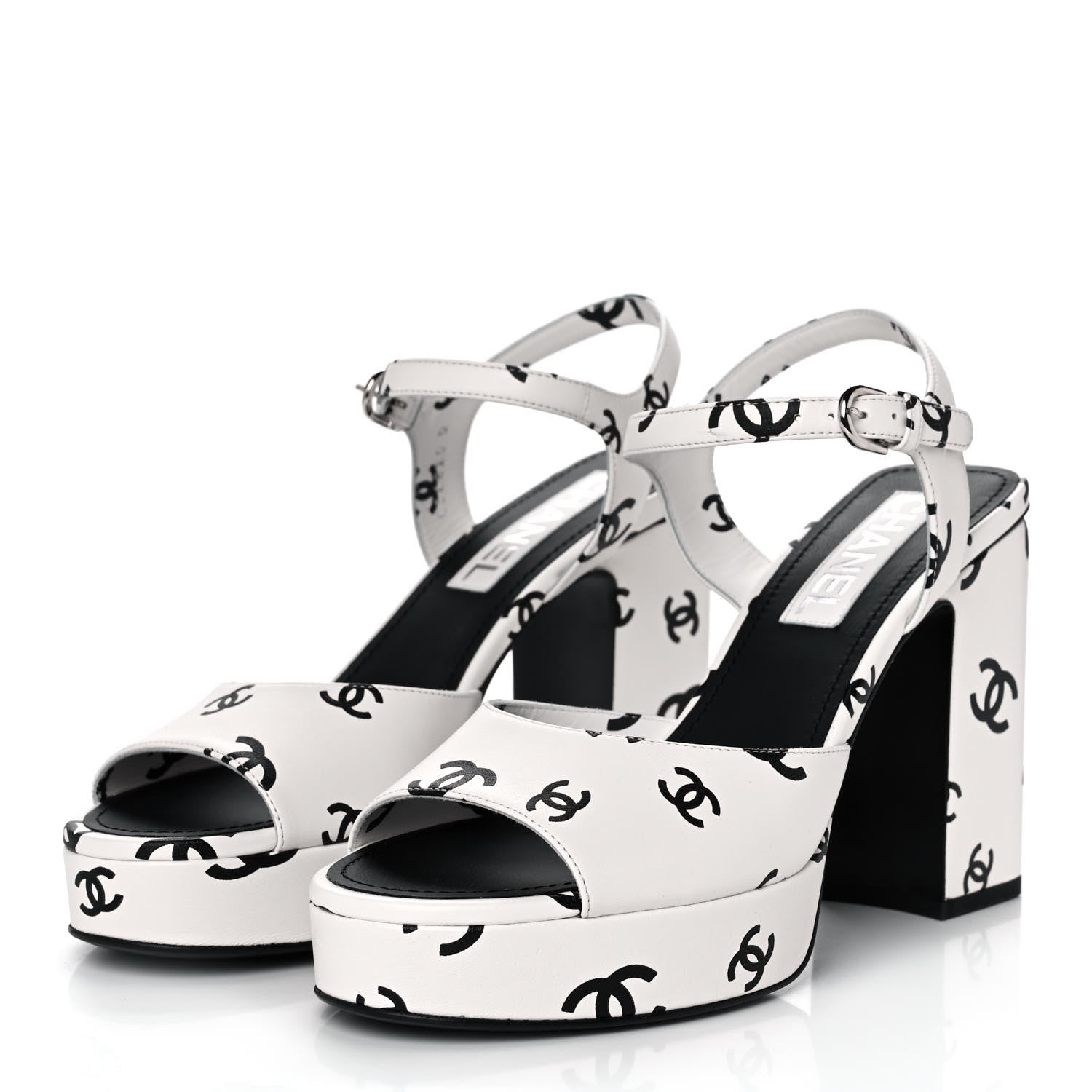 Chanel Printed Lambskin Coco Beach Platform Sandals 39 White Black 3 of 9
