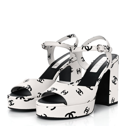 Chanel Printed Lambskin Coco Beach Platform Sandals 39 White Black 3 of 9