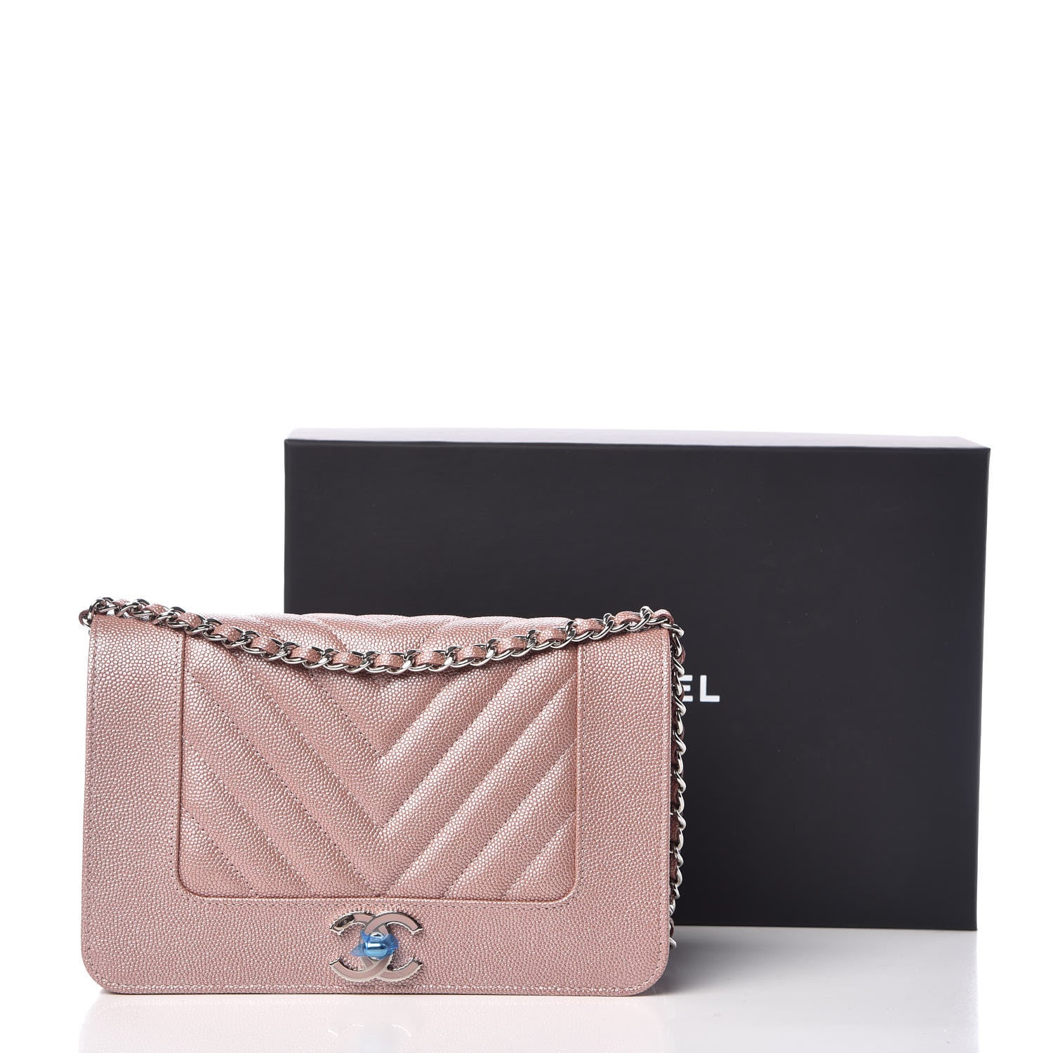 Chanel Metallic Caviar Chevron Quilted Vintage Mademoiselle Wallet On Chain WOC Pink 11 of 11