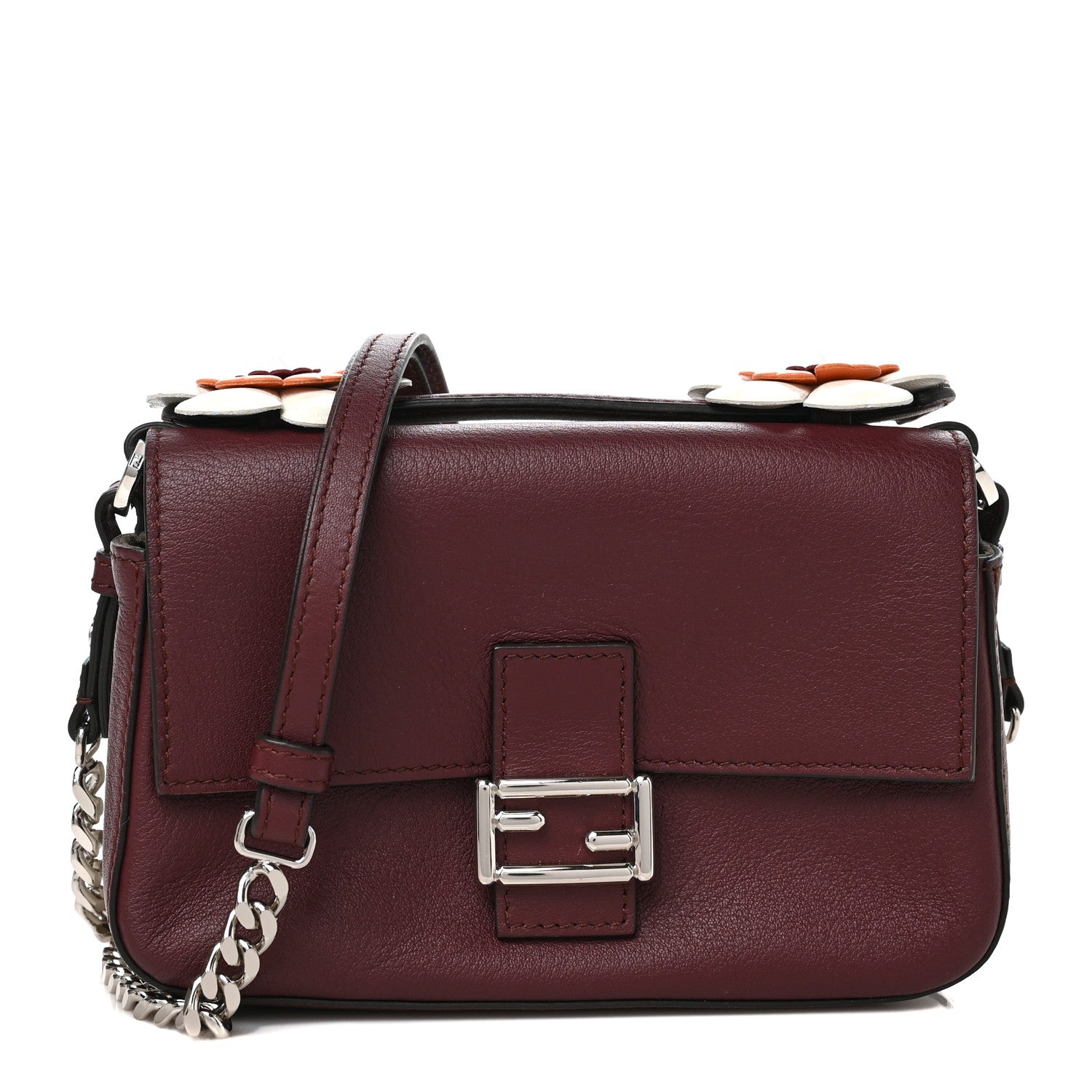 Fendi Vitello Dolce Flowerland Bi-Color Studded Micro Double Baguette Bordeaux White Ice 1 of 11