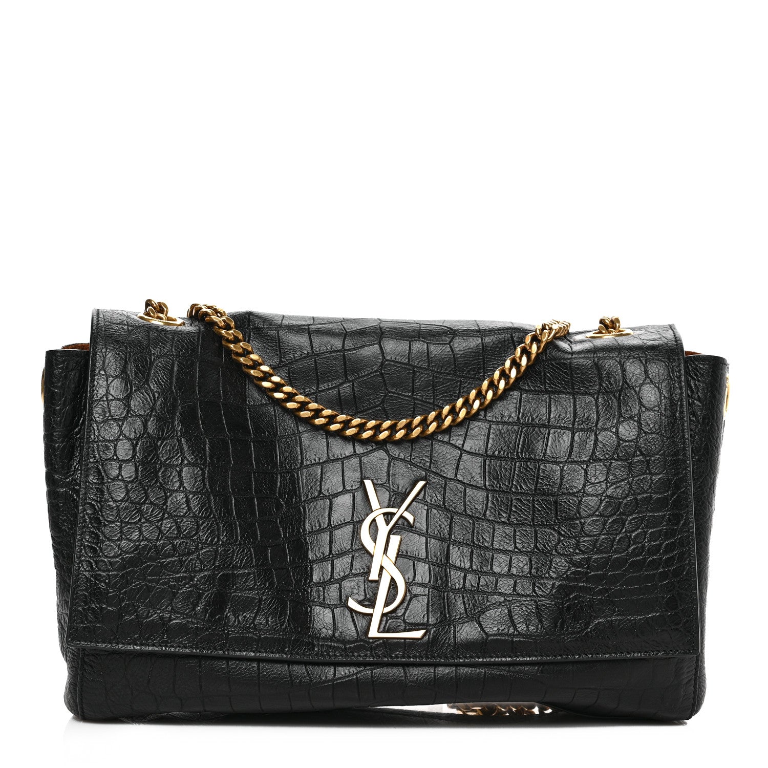 Saint Laurent Calfskin Crocodile Embossed Suede Medium Reversible Monogram Kate Satchel Military Taupe 1 of 7