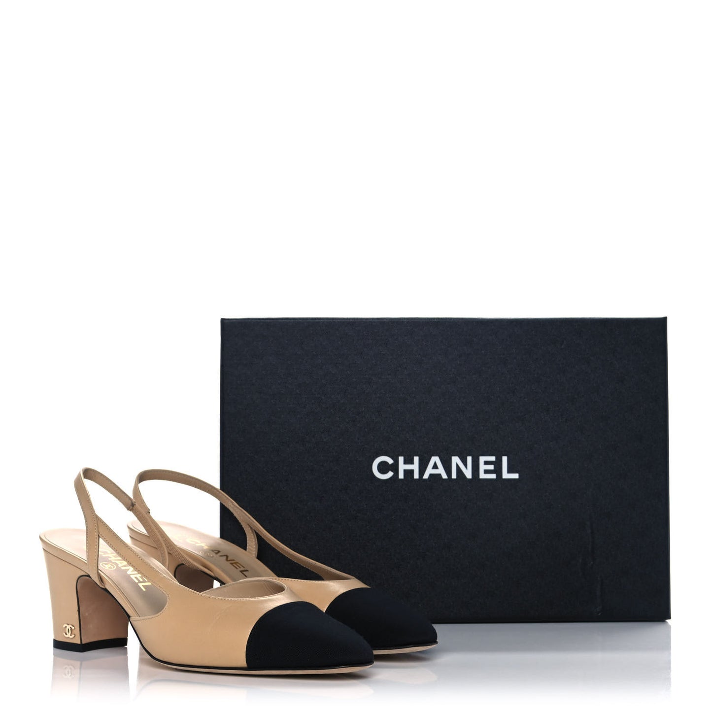 Goatskin Grosgrain Cap Toe CC Slingback Pumps 39 Beige Black