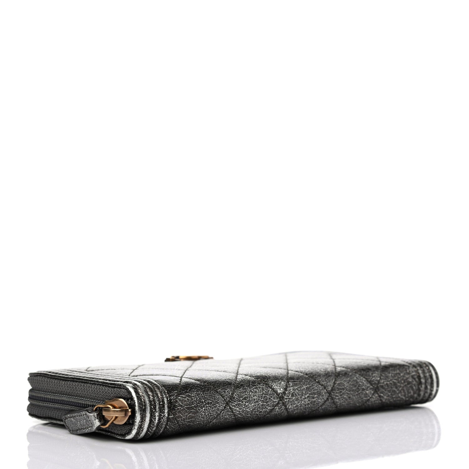 Chanel Cracked Metallic Calfskin Quilted Boy Long Zip Around Wallet Dark Silver 3 of 4