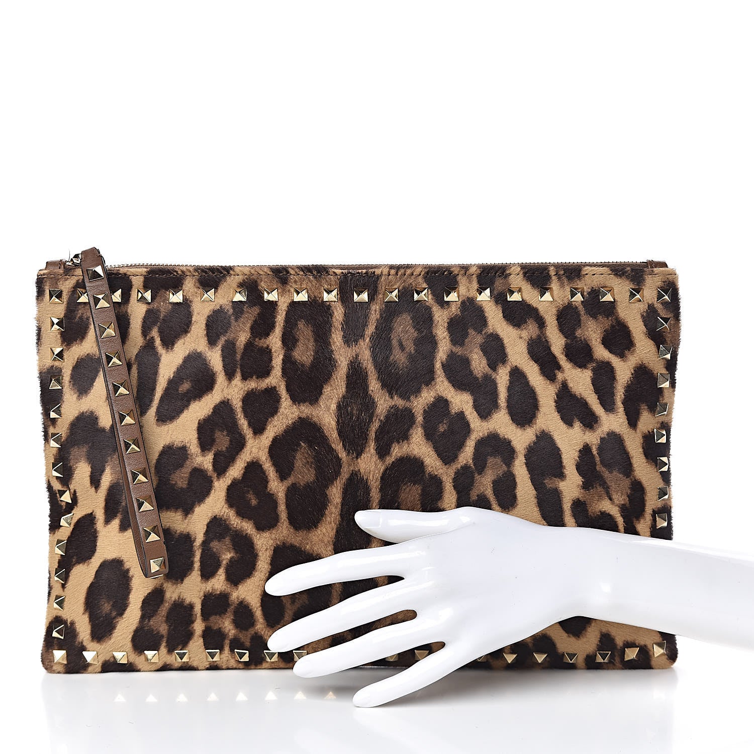 Valentino Garavani Calf Hair Leopard Print Rockstud Zip Wristlet Pouch Leopard 2 of 9