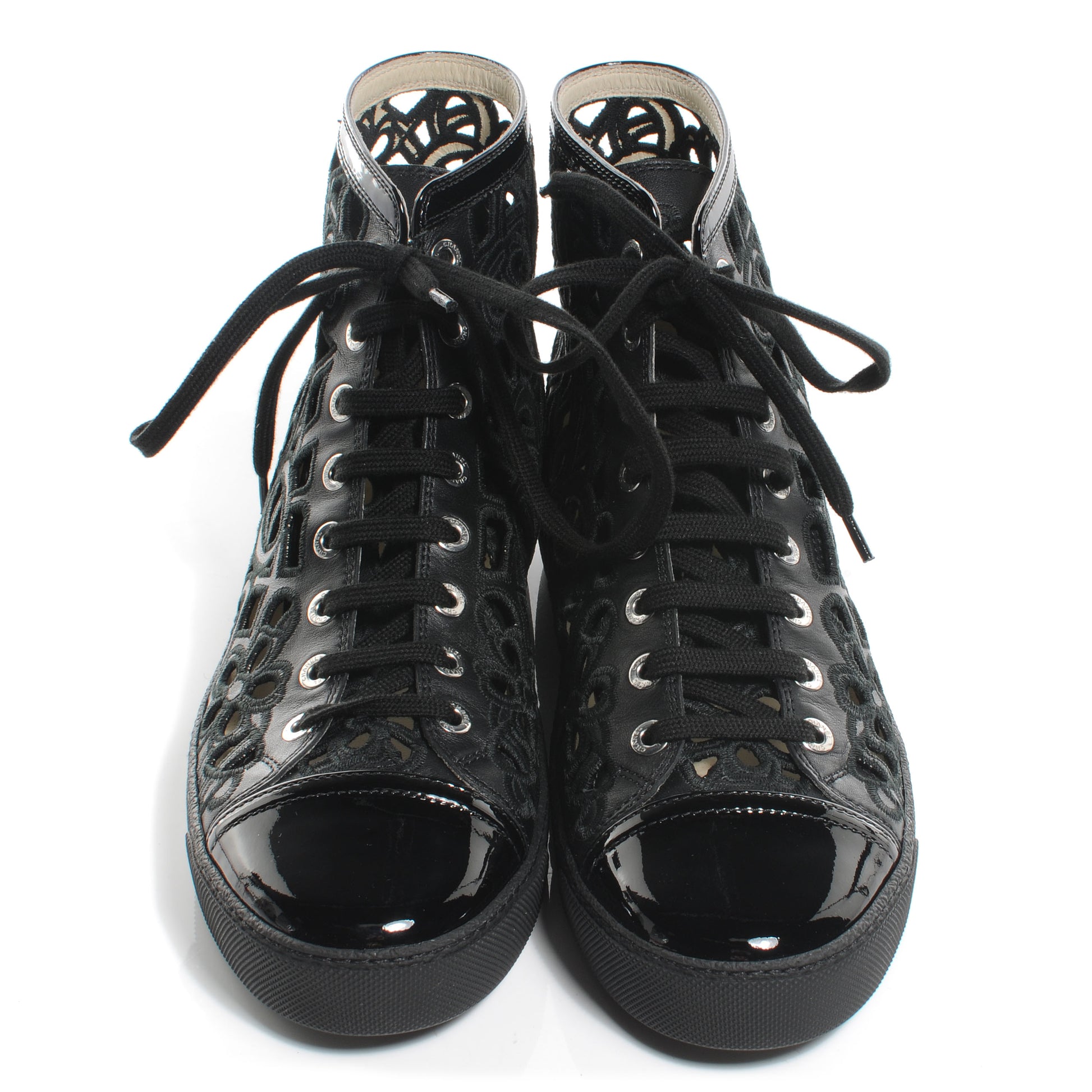 Chanel Patent Grained Goatskin Hollow Out Flower Sneakers 39 Black 2 of 6