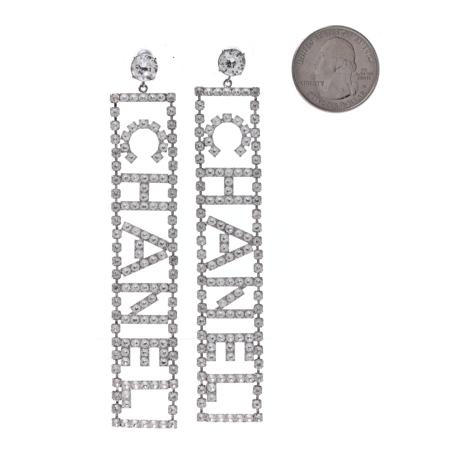Crystal Chanel Logo Drop Earrings Silver