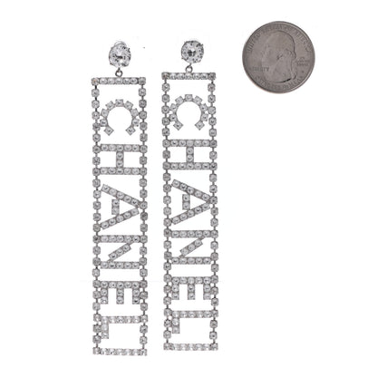 Chanel Crystal Chanel Logo Drop Earrings Silver 2 of 3