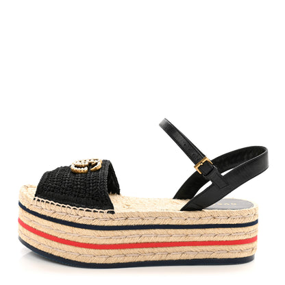 Gucci Cotton Malaga Kid Crochet Pearly GG Lilibeth Espadrille Platform Sandals 37.5 Black 1 of 14