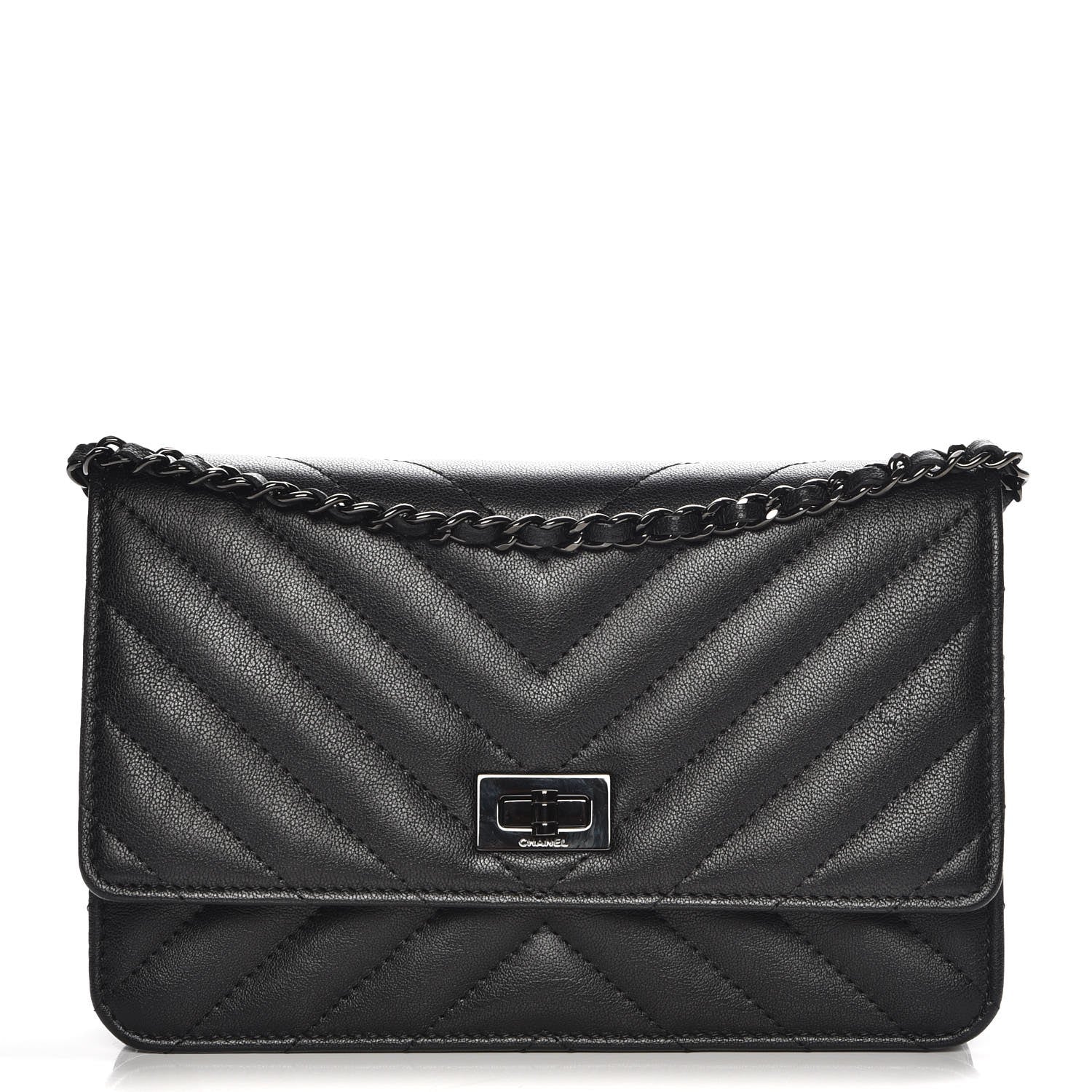 Chanel Sheepskin Chevron Reissue Wallet On Chain WOC So Black 1 of 9