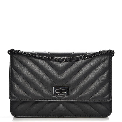 Chanel Sheepskin Chevron Reissue Wallet On Chain WOC So Black 1 of 9