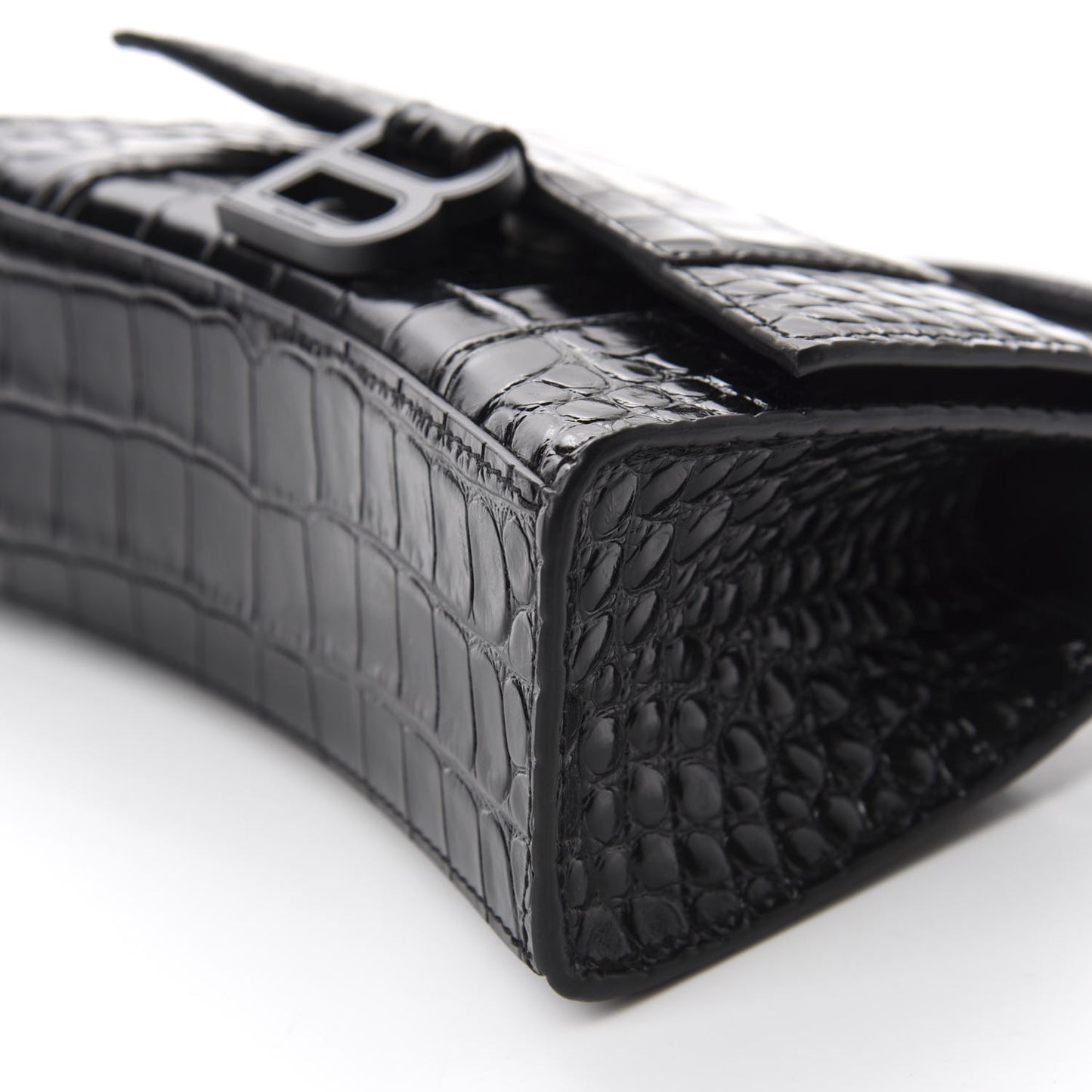 Shiny Calfskin Monochrome Crocodile Embossed Hourglass Top Handle Bag XS Black