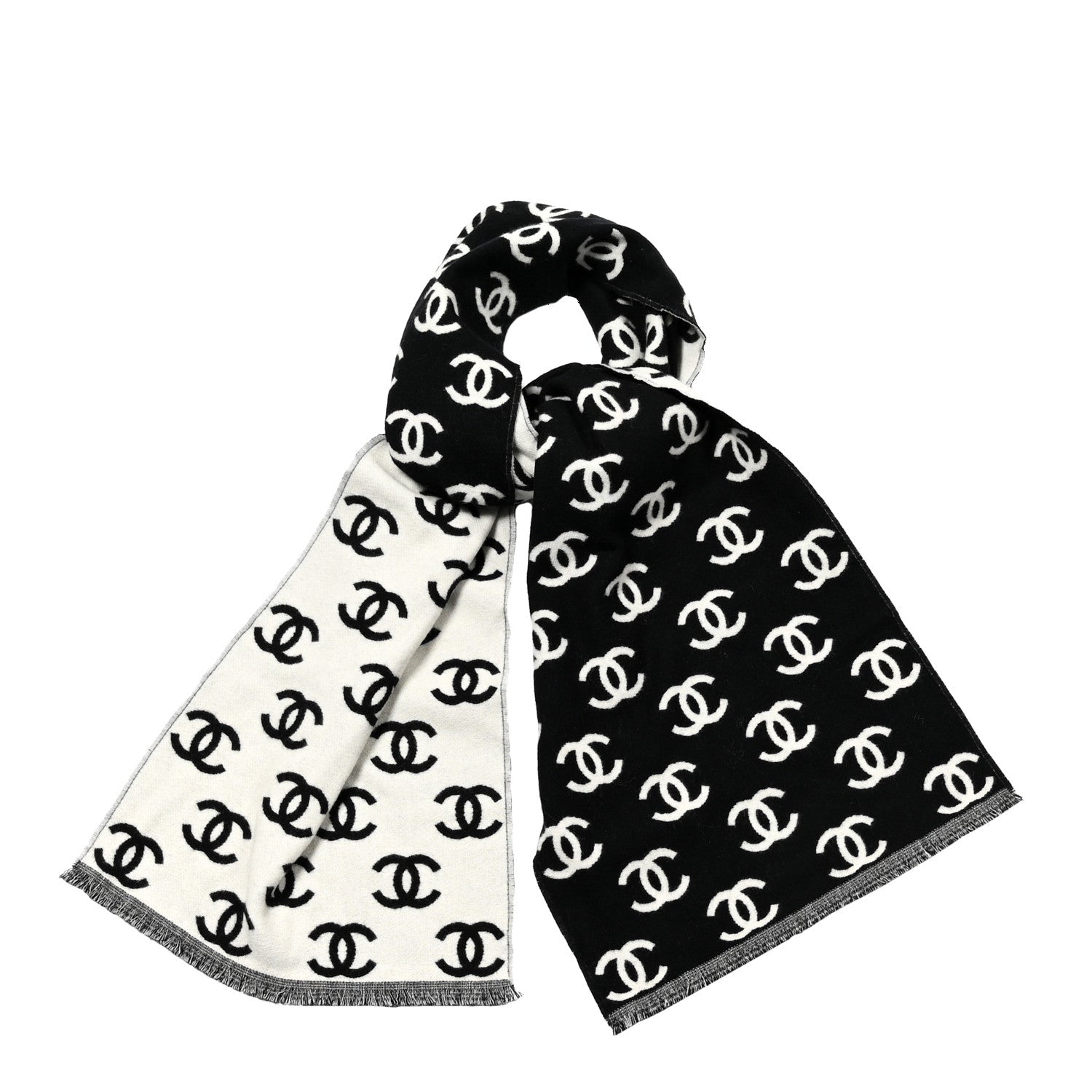 Chanel Wool Cashmere CC Scarf Black White 1 of 3