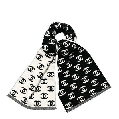 Chanel Wool Cashmere CC Scarf Black White 1 of 3