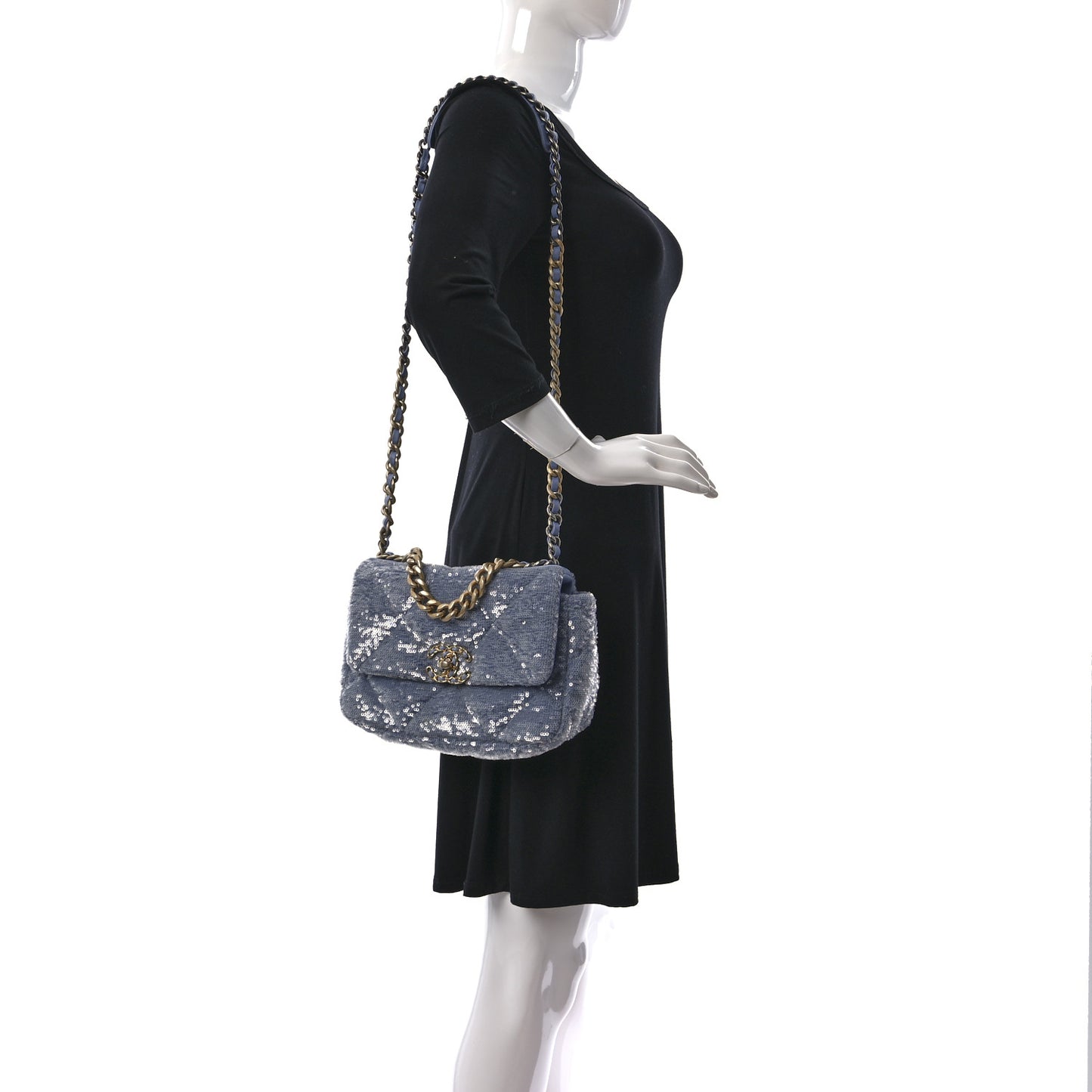 Sequin Quilted Medium Chanel 19 Flap Light Blue