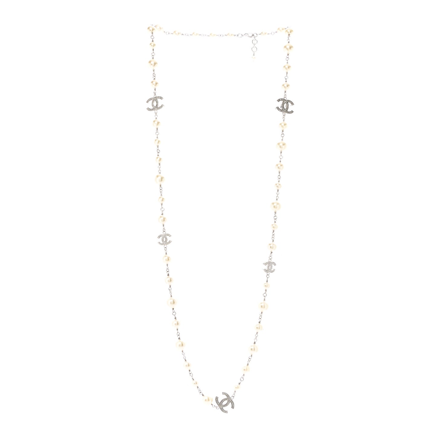 Crystal Pearl CC Long Necklace Silver