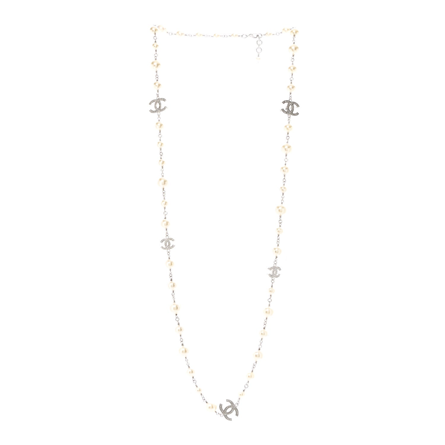 Chanel Crystal Pearl CC Long Necklace Silver 3 of 7