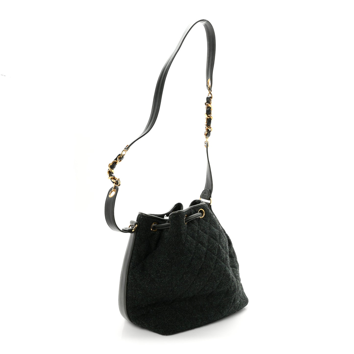 Calfskin Tweed Medium CC Chain Bucket Drawstring Bag Green