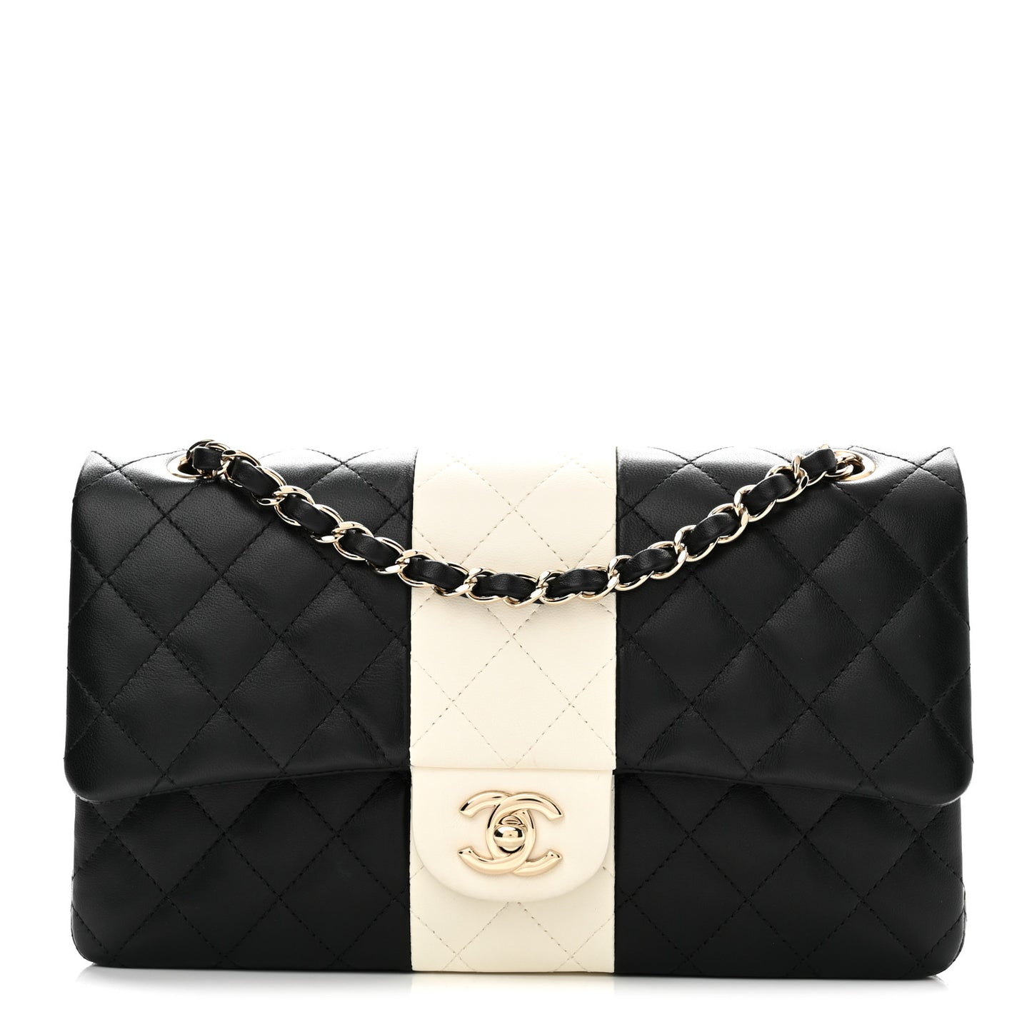 Lambskin Quilted Medium Double Flap Black White