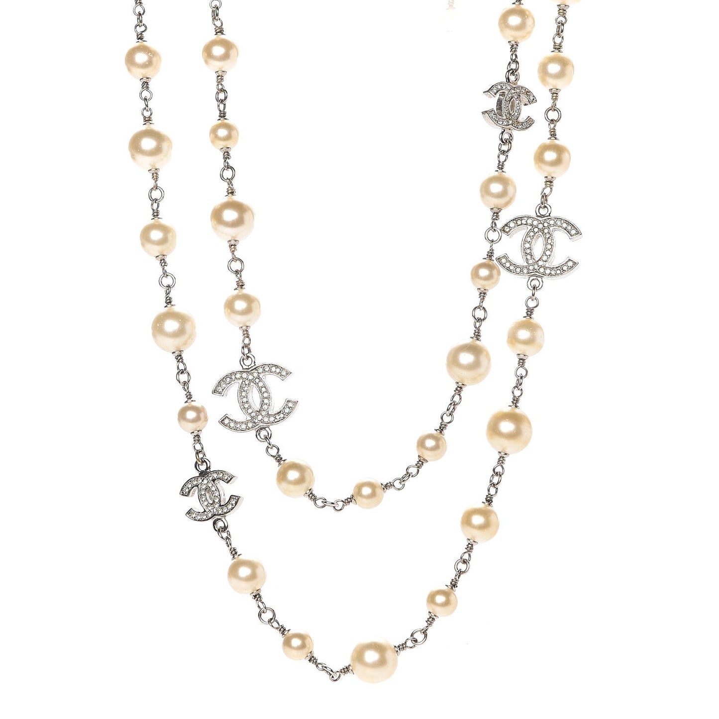 Crystal Pearl CC Long Necklace Silver