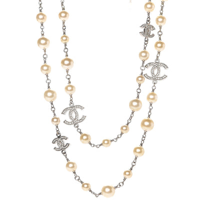 Chanel Crystal Pearl CC Long Necklace Silver 2 of 19