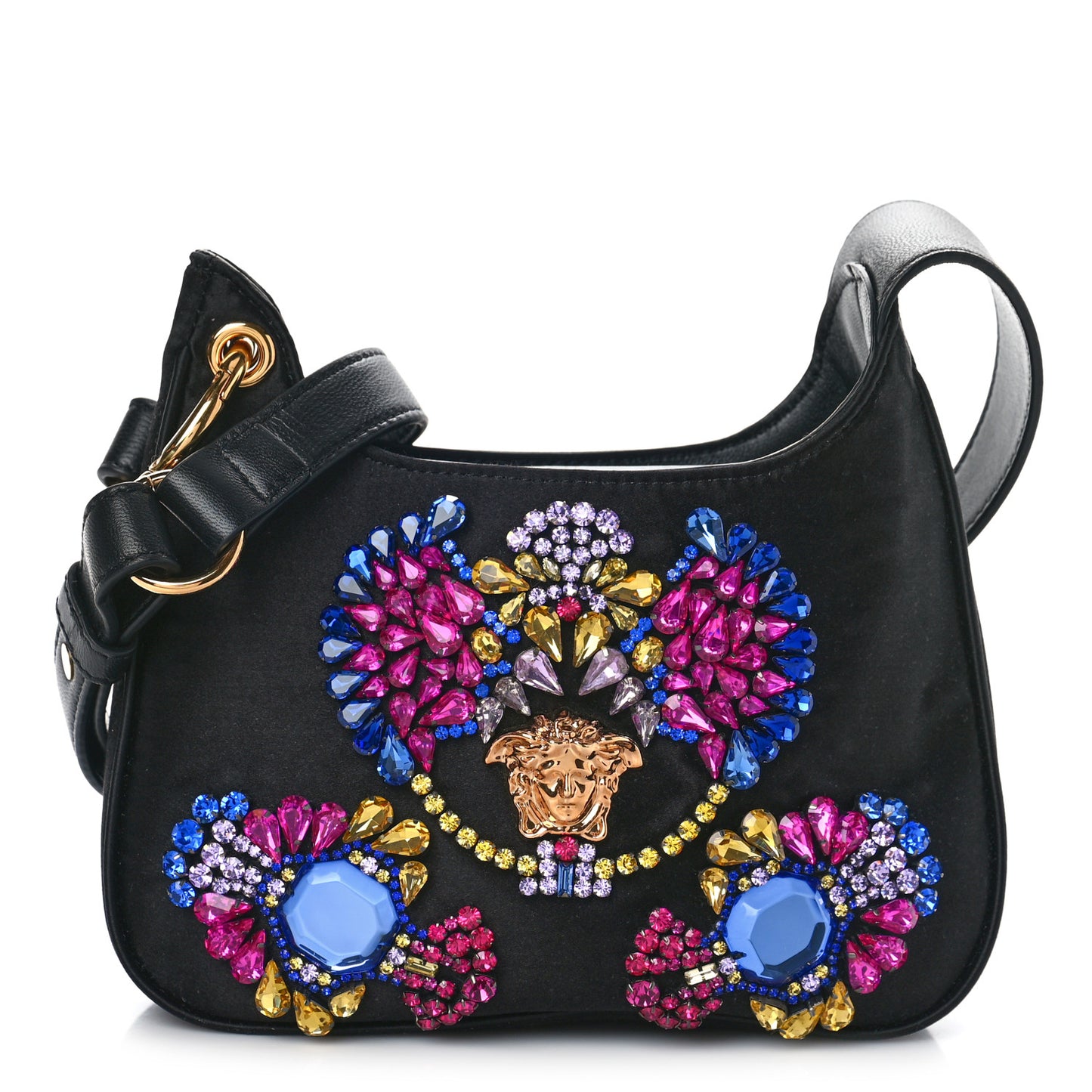 Satin Crystal Embellished La Medusa Mini Hobo Bag Black Multicolor