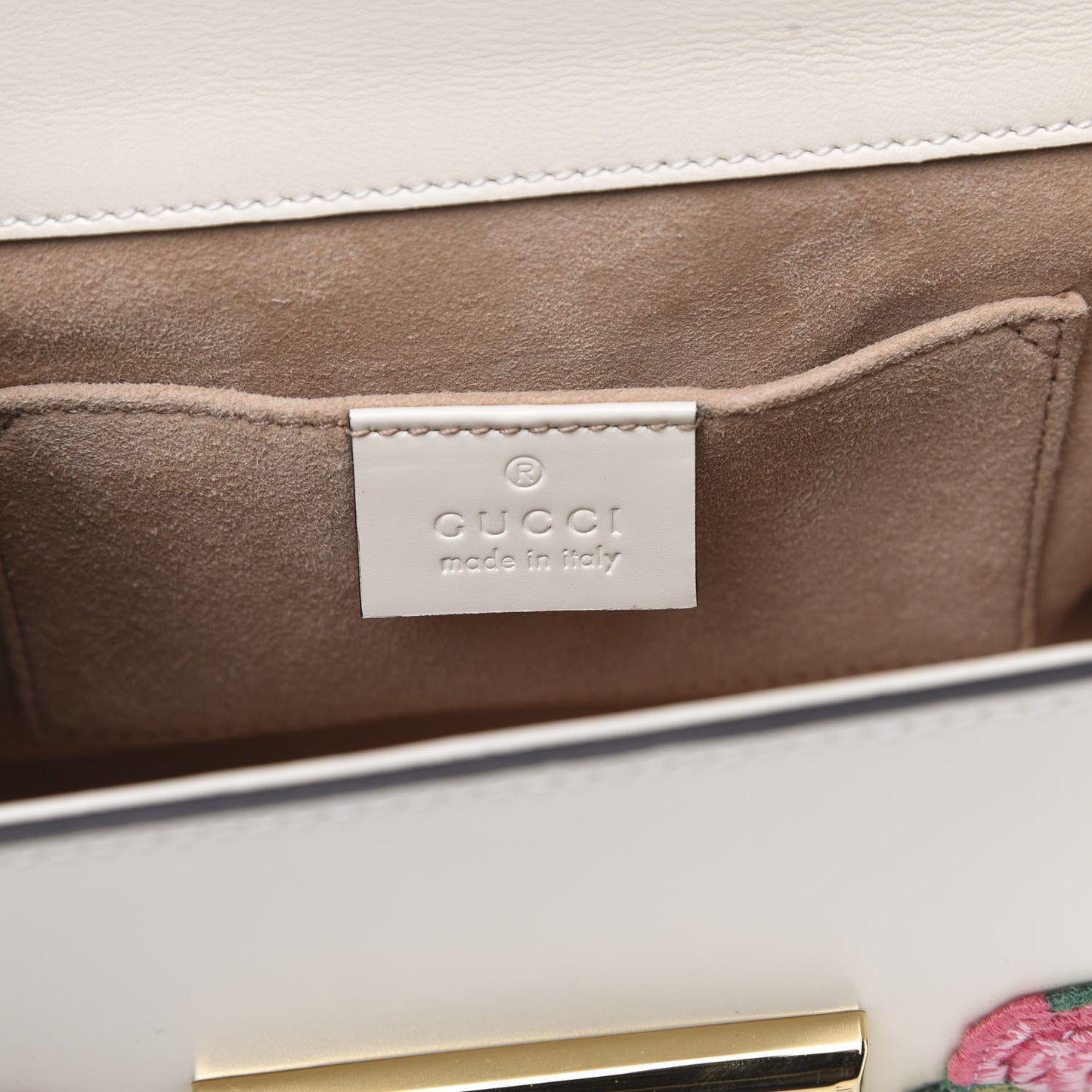 Calfskin Floral Embroidered Small Padlock Shoulder Bag White