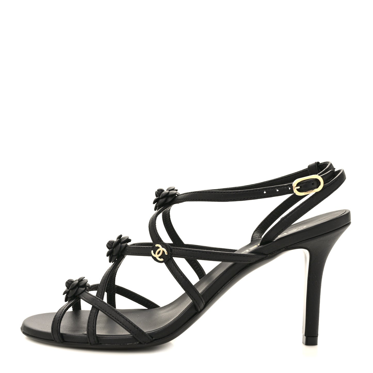 Calfskin Camellia Sandals 37 Black