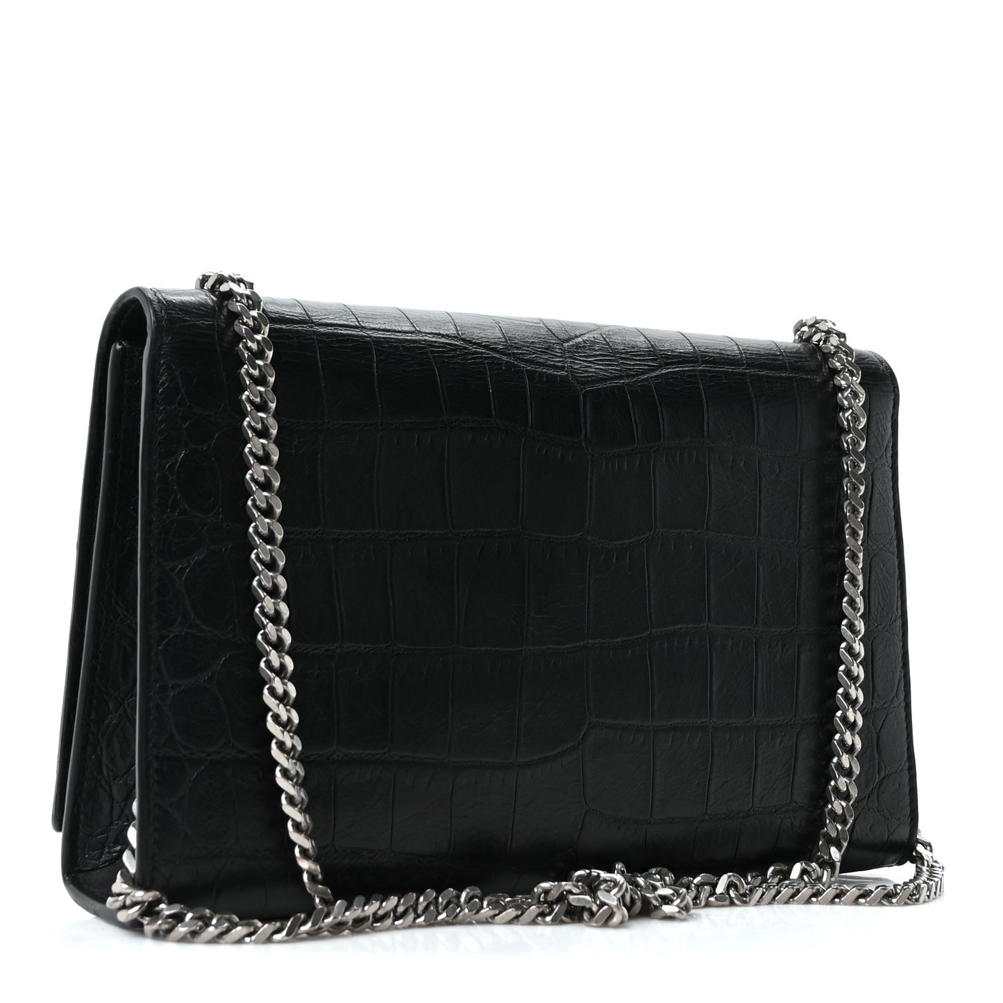 Calfskin Crocodile Embossed Medium Classic Monogram Kate Tassel Satchel Black