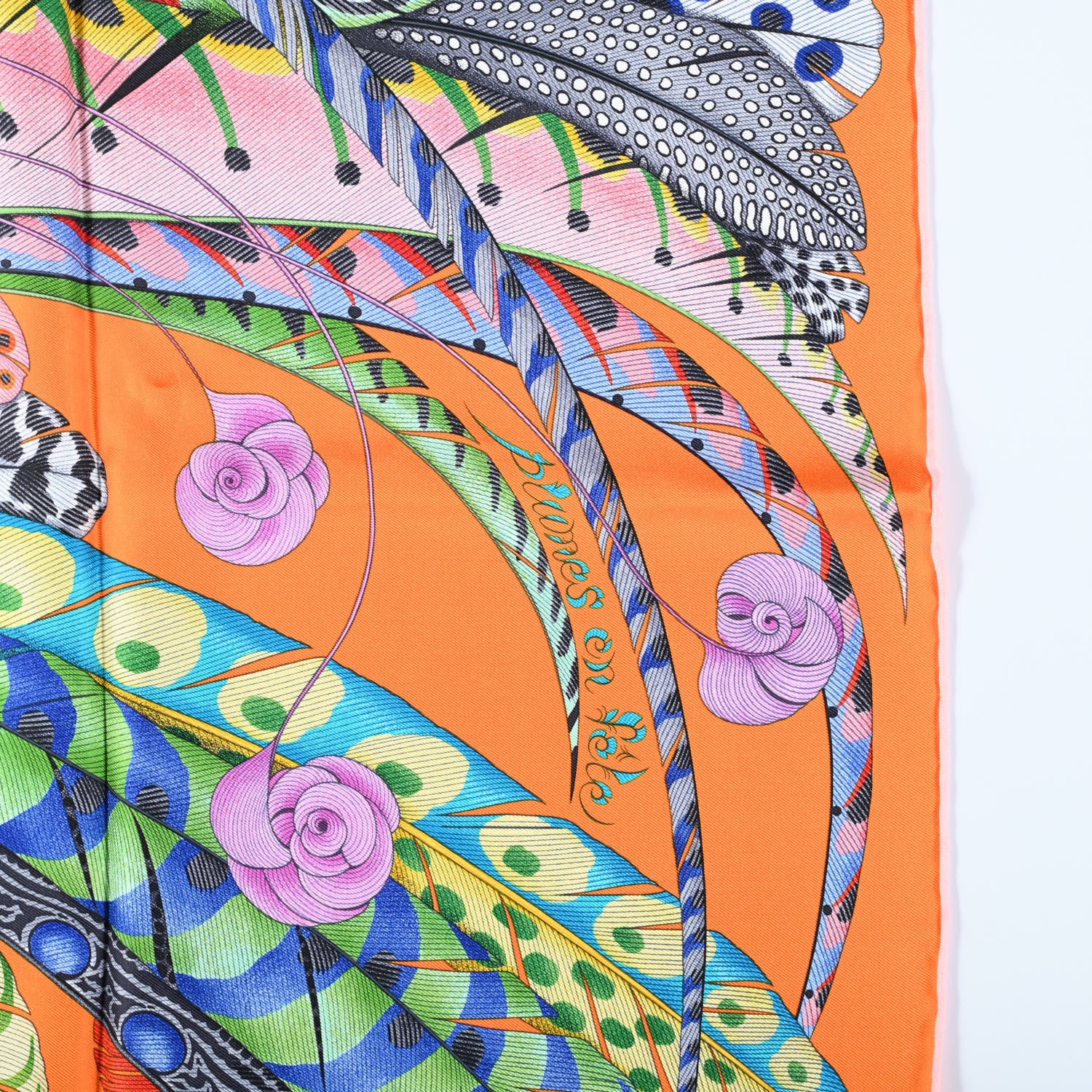 Hermes Silk Plumes En Fete Scarf 90 Orange Bleu Rose 3 of 6