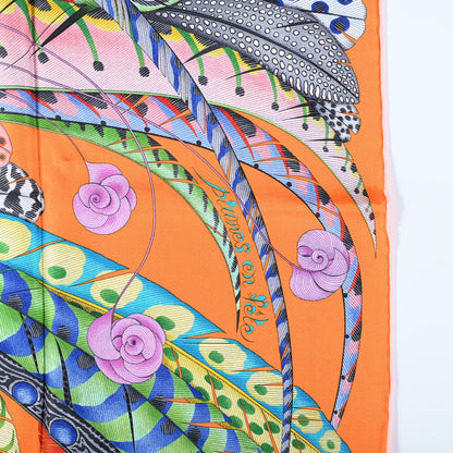 Hermes Silk Plumes En Fete Scarf 90 Orange Bleu Rose 3 of 6