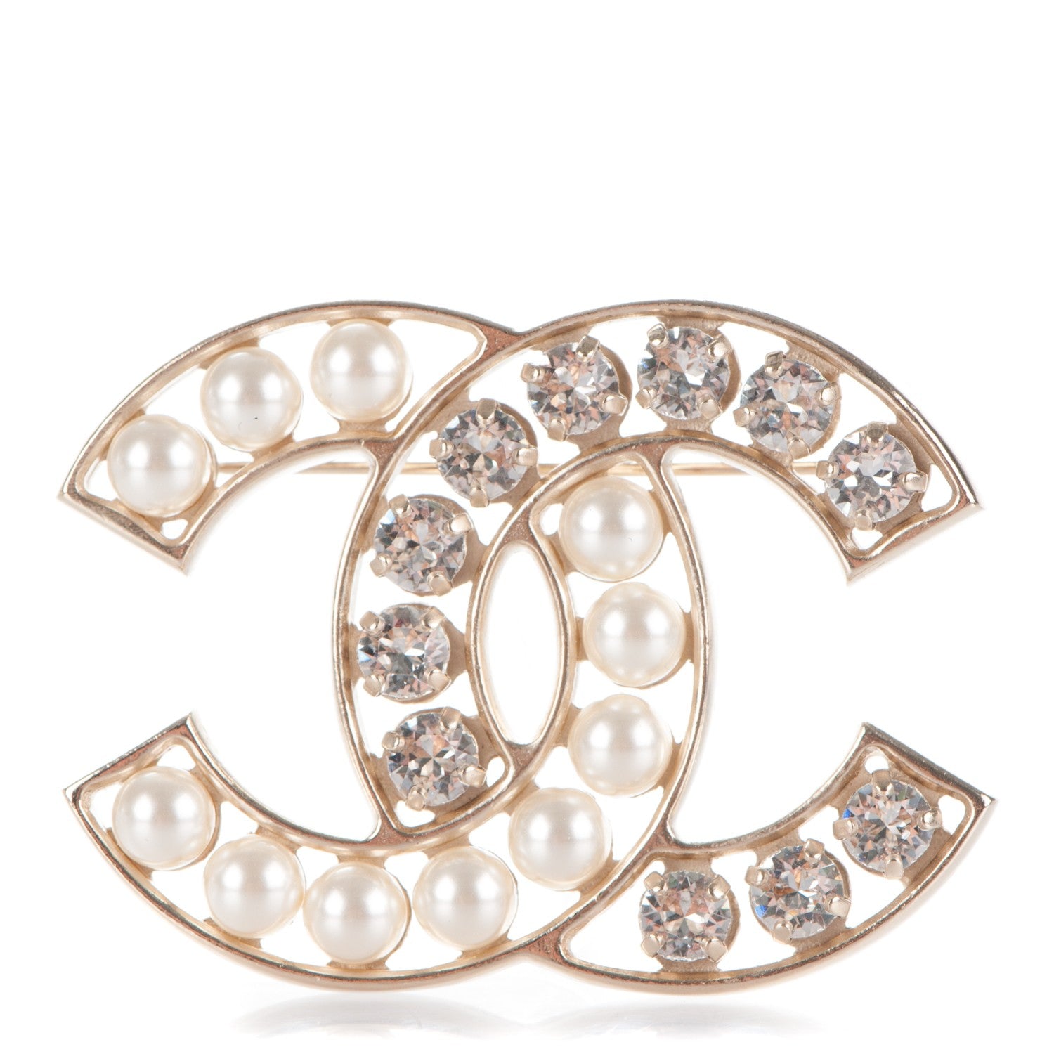 Chanel Pearl Crystal CC Brooch Gold 1 of 4