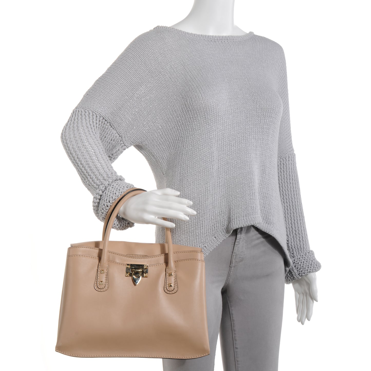 Calfskin Medium Rockstud Top Handle Tote Nude