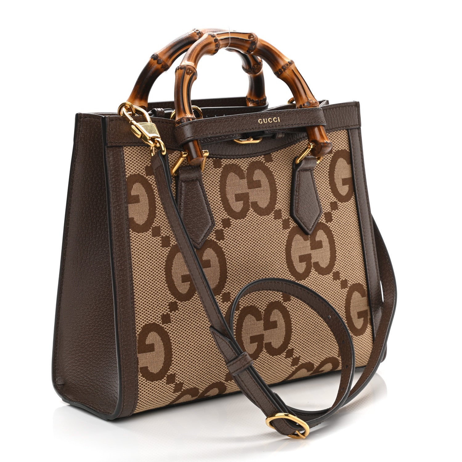 Gucci Monogram Jumbo GG Textured Dollar Calfskin Small Diana Tote Bag Camel Ebony New Acero 4 of 12